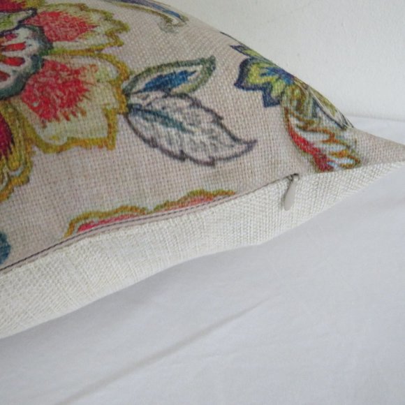 Pretty Yellow Blue Green Jacobean Vintage Flowers Linen Look Cushion Cover 45cm - Picture 2 of 3
